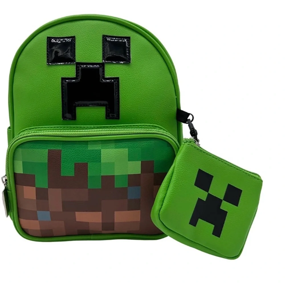 Minecraft-Green Creeper Face Backpack 10.5”in with Coín Purse Set of 2pc. NWT